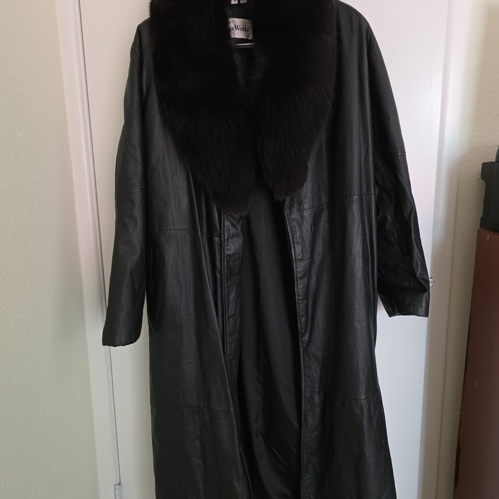 John Weitz Leather Black Trench Coat with Fox Fur Collar